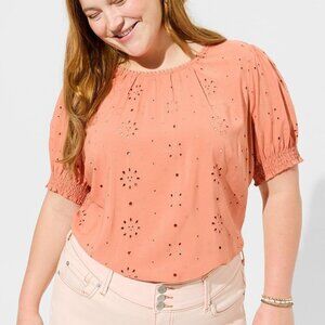 Torrid Scoop Neck Abbey Challis Eyelet Back Cutout Top Apricot Brandy Size 1